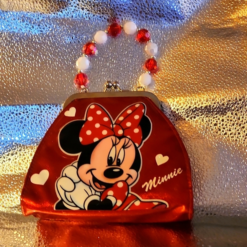 DISNEY MINNIE MOUSE beautiful RED GLITTER Polk-a-dot MINI beaded handle purse